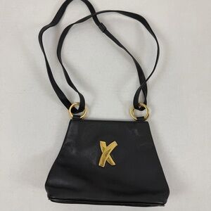 Paloma Picasso Vintage Black Leather Shoulder Bag Gold X Logo Made in Italy‎